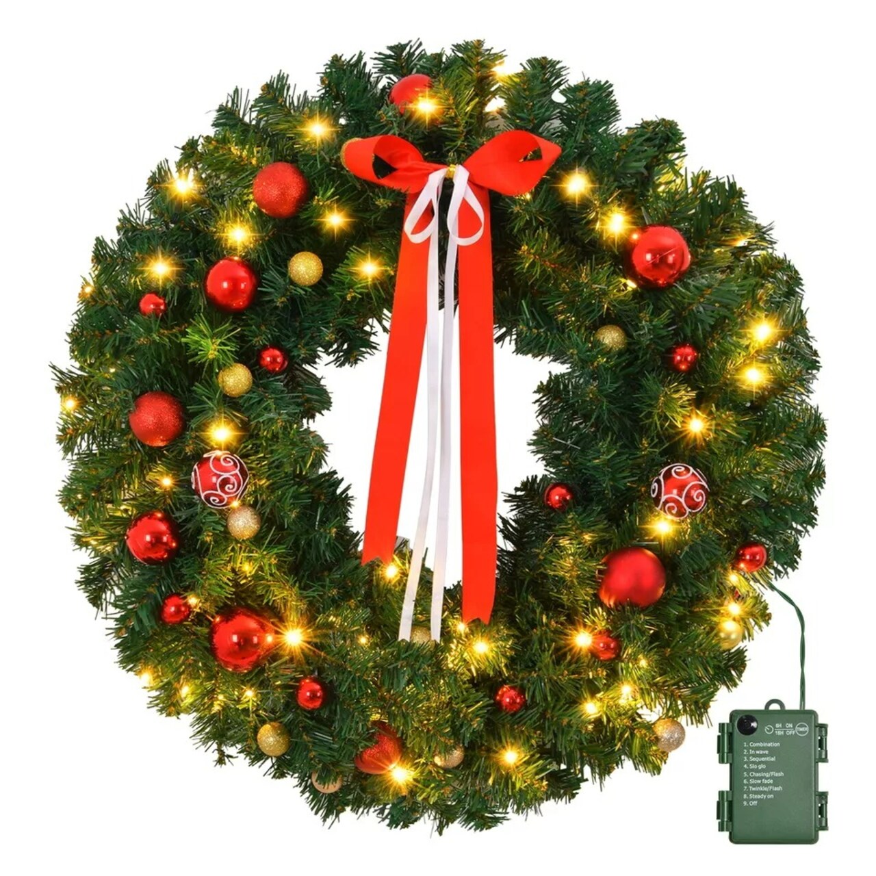 24" Battery Operated Artificial Pre-Lit Fir PVC Christmas Wreath Holiday Xmas